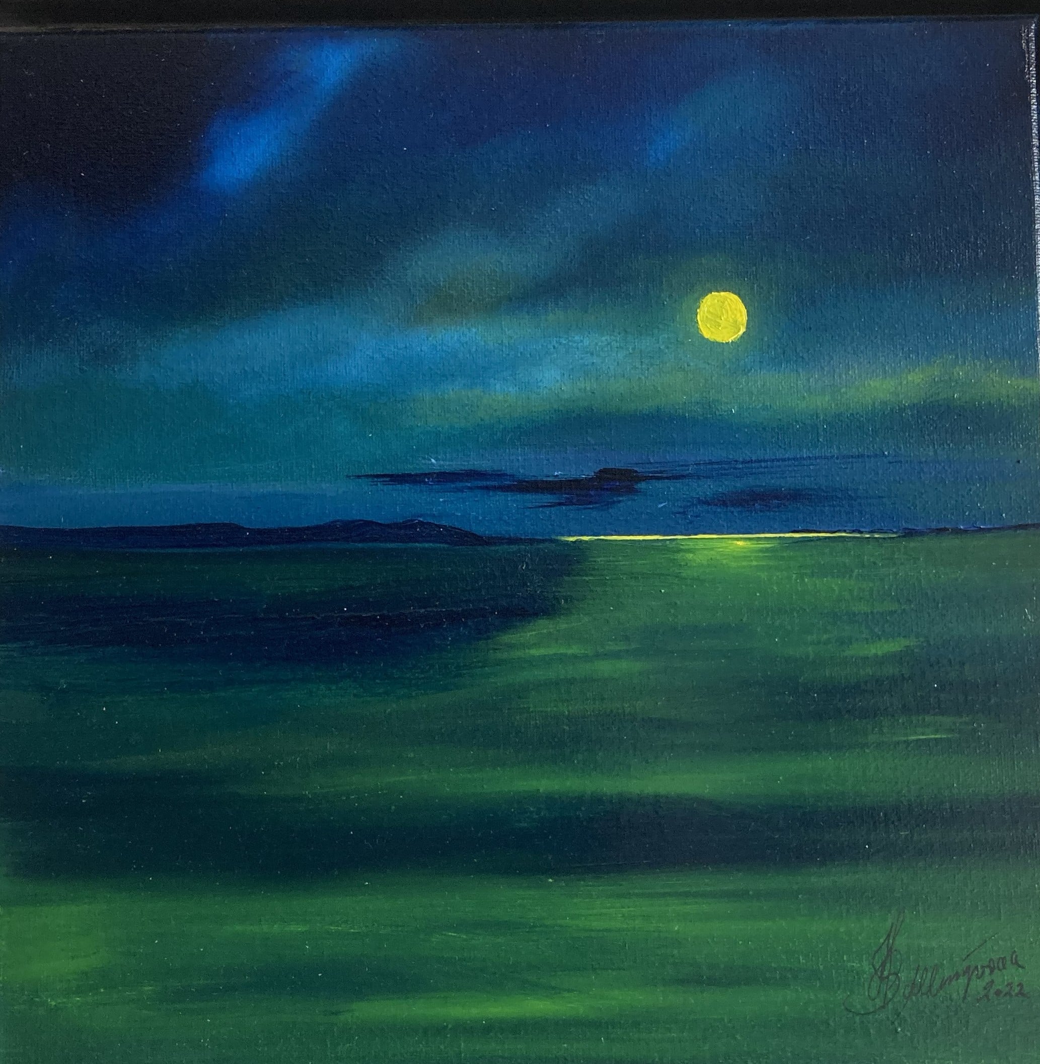 Billed nr 10 " Fuldmåne " Olie på lærred,
30 cm X 30 cm, Pris 1200 Dkr