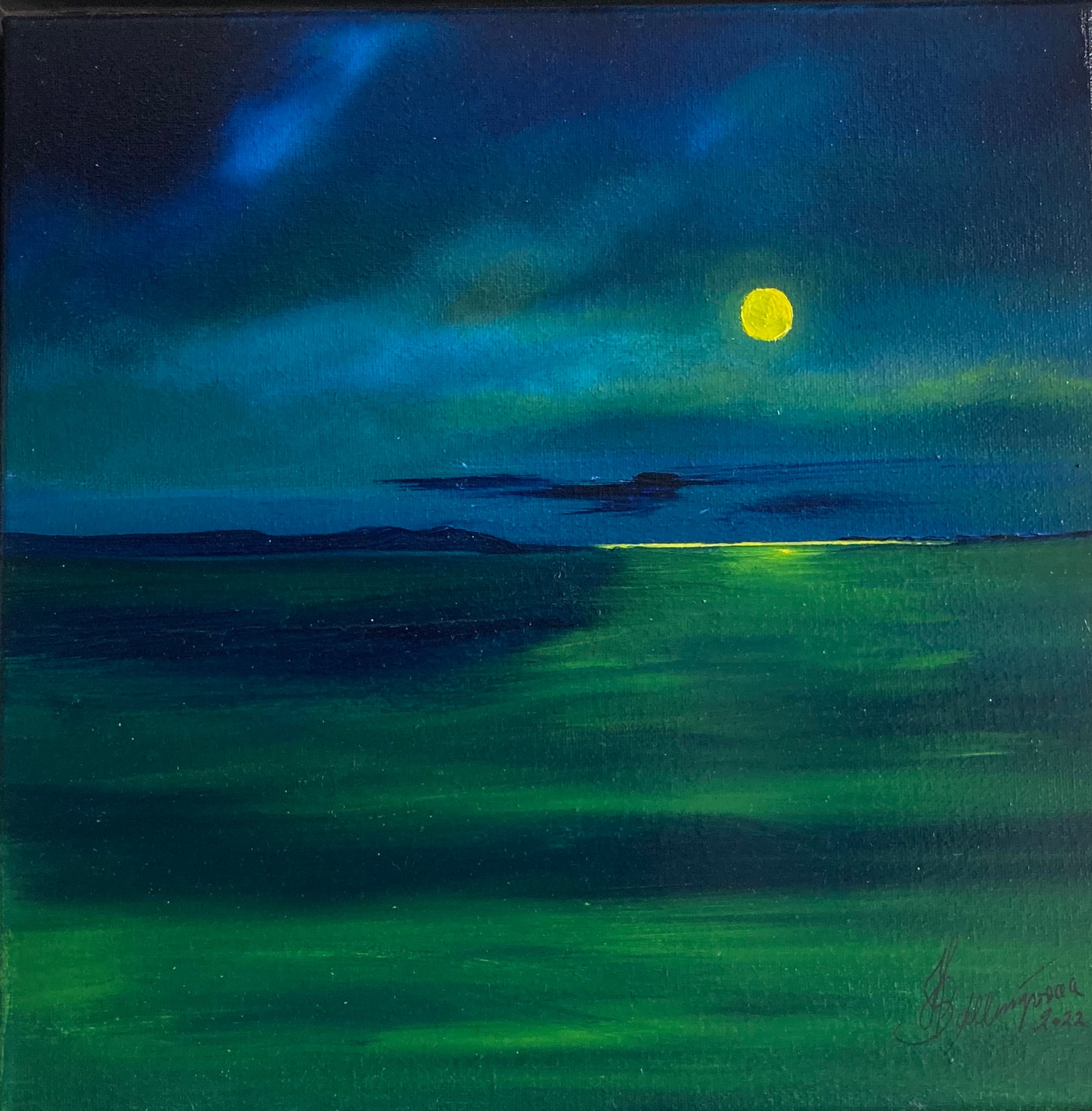 Billede nr. 10 "Den romantiske måne". Olie på lærred. Mål 40 cm x 40cm .Pris 2000 Dkr.