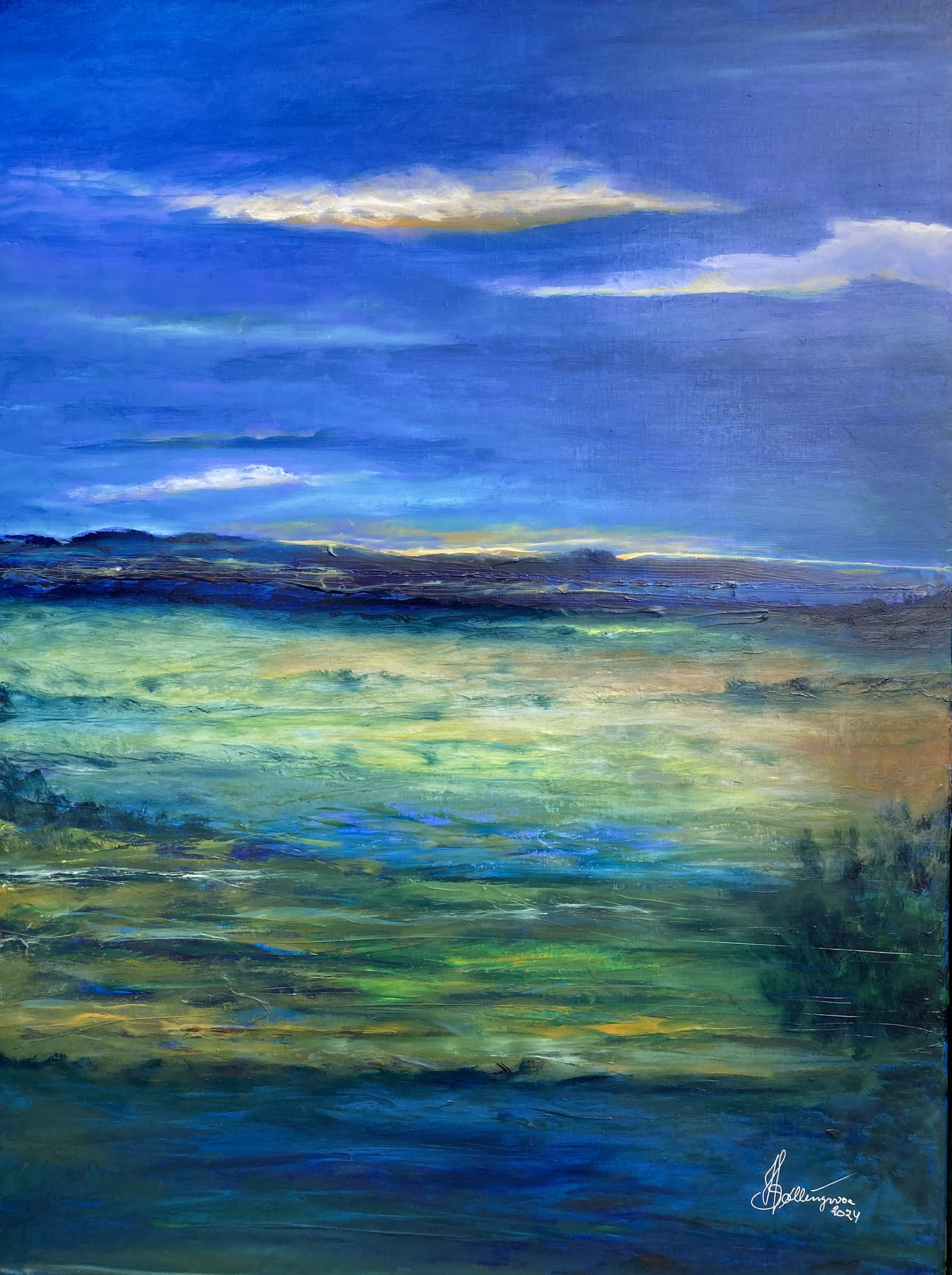 Billede nr.104
"Morgengry" Billedet er malet med olie på lærred. Mål 60 cm x 80 cm, Pris 2800 Dkr.