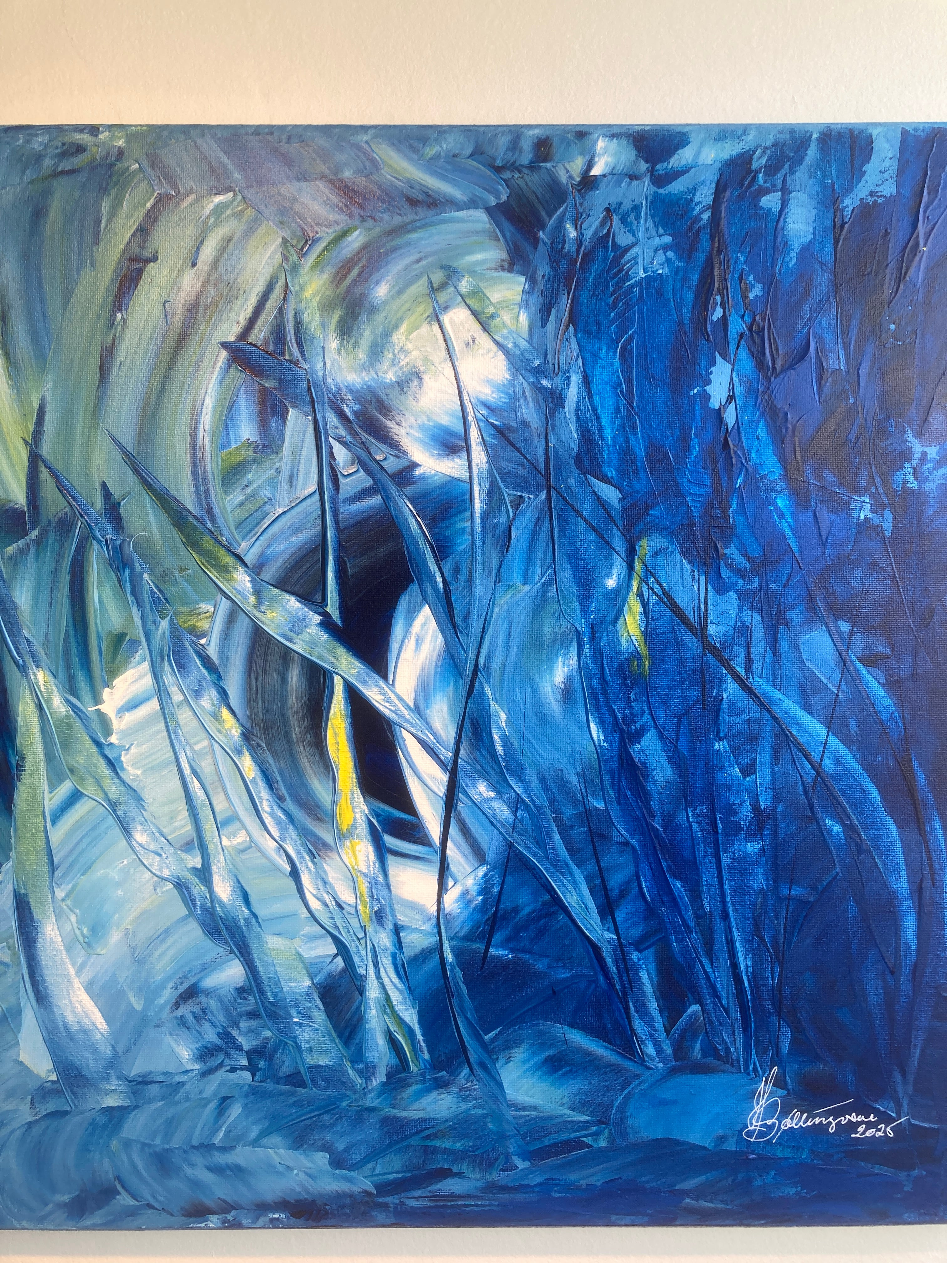 Billede nr. 103
"Et forsigtigt kig" En abstrakt fantasi set fra et dyrebarns første møde med den store verden. Malet med akryl på lærred, mål 40 cm x 40 cm, Pris 2000 Dkr.